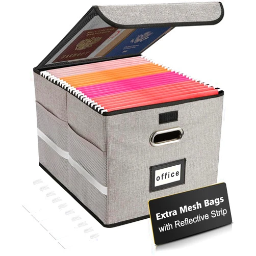 JALIELL Upgraded Portable File Organizer Box with Lid & Mesh Bags, Collapsible File Box with Reflective Strip & 10 Tabs for Hanging Letter/Legal Folder Storage, Decorative Home/Office Filing Cabinet (Gray)