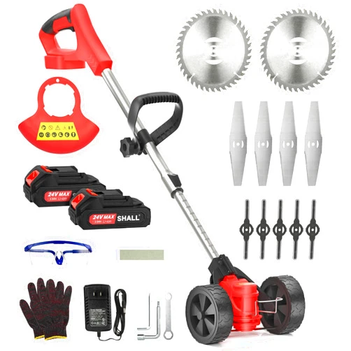 SHALL 24V Cordless Weed Wacker, 3-in-1 Electric Weed Eater Grass String Trimmer Edger, Telescopic Brush Cutter, 2 x 2.0Ah Battery Powered Lawn Mower with 3 Types Blades & Wheels for Yard Garden