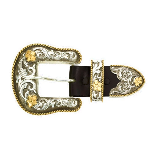 Montana Silversmiths Western 3 Piece Belt Buckle Set, Keeper Loop, Belt Tip (Gold Twisted Rope Filigree Buckle Set)