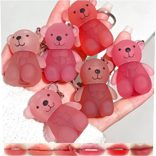 Petansy Velvet Matte Liquid Lipstick, 6 Colors Waterproof Long Lasting Lip Gloss Lip Stain, Cute Bear 2 in 1 Key Chain Lip Gloss, Korean Lip Glaze Natural Lip Makeup