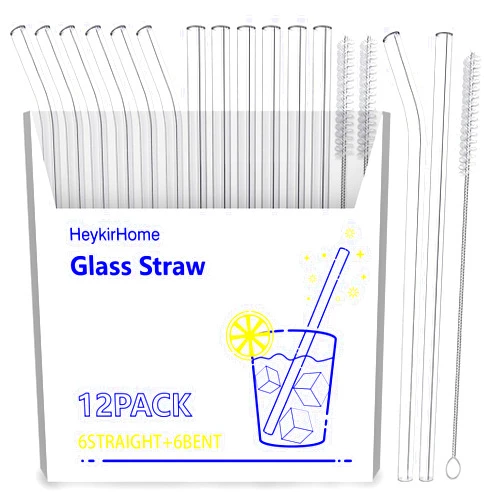 HeykirHome 12-Pack Reusable Glass Straw,Size 8.5''x10 MM,Including 6 Straight and 6 Bent with 2 Cleaning Brush- Perfect For Smoothies, Tea, Juice