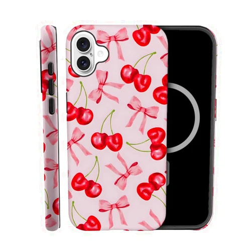 TnXee Case Compatible with iPhone 16 Plus,Compatible with MagSafe,Cases for Girls Boys,Fall Prevention Hybrid 2-Layer Hard Shell Phone Case,Pink Bow Cherry Ribbon Fruit