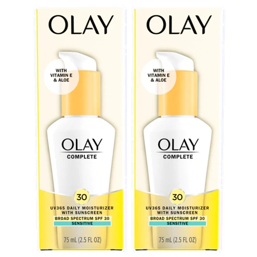 Olay Face Moisturizer Complete Daily Defense All Day Moisturizer With Sunscreen, SPF30 Sensitive Skin, 2.5 Fl Oz (Pack of 2)