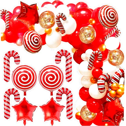 Erweicet Christmas Balloon Garland Arch Kit, 138 Pcs Red White Gold Confetti Balloons with Candy Cane Mylar Foil Balloons Red Star Balloons for Christmas Holiday Party Decorations
