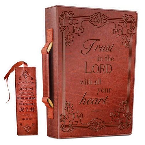 FINPAC Large Classic Bible Cover Vegan Leather Carrying Book Case Church Bag Bible Protective with Handle, Gift for Men, Women, Father, Mother, Friends, Brown