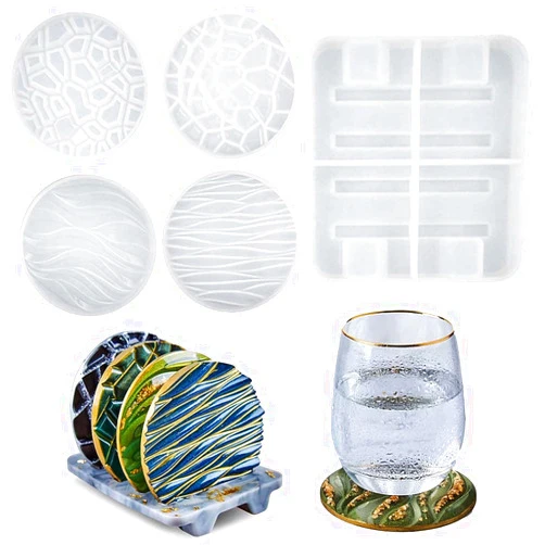 KyeeaDIY 5 pieces Resin Molds for Coaster Sets Round Silicone Molds for Resin Epoxy Coaster Molds with Stand Holder Silicone Cup Mats Rack Epoxy Casting for Resin Arts Home Decoration