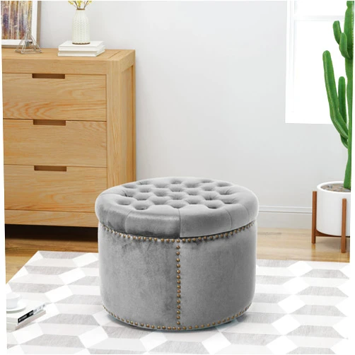 Christopher Knight Home Round Velvet Ottoman, Small Foot Rest Stool, End Side Table, Upholstered Ottoman, Living Room Ottoman with Tufted Button and Nailhead, Light Gray 21.50 x21.50 x 15.75