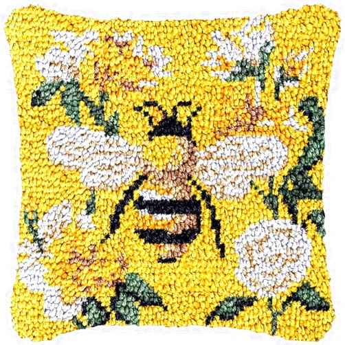 Generic Bee & Orchid Latch Hook Pillowcase Kits for Christmas Starter DIY Cushion Pillow Cover Latch Hook Rug Kits with Preprinted Canvas Crochet Yarn Kits Needlework 17'' X 17''
