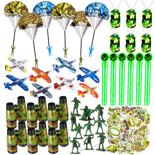 ShinyRelief 102 Pcs Army Camo Party Favors Camouflage Parachute Telescopes Camo Necklaces Soldiers Figures Bubble Wands Glider Planes Camo Party Supplies for Camouflage Military Birthday Gift Bag