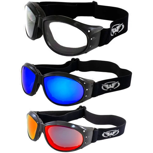 Global Vision 3 Pairs of Eliminator Padded Motorcycle Goggles Black Frames Clear G-Tech Red & Blue Mirror Lenses