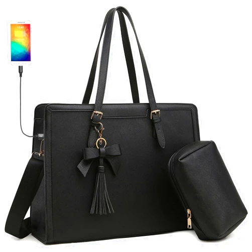 BAVERGE Laptop Bag for Women 15.6 inch Work Shoulder Briefcase, Large Waterproof PU Leather Work Tote Bags with USB Charging Port, Computer Messenger Business Handbags Satchel purse for Office Lady