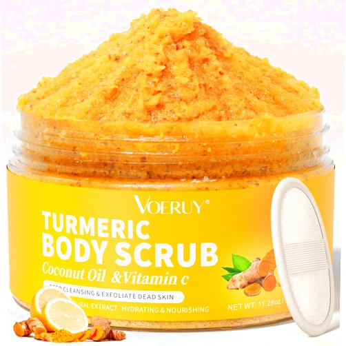 VOERUY Body Scrub,Turmeric Exfoliating Body Scrub, with Coconut Oil & Vitamin C, Bikini Area Exfoliator Gently Exfoliate Body Hand and Foot Scrub, Moisturized Skin for Women and Men, 11.28oz/320g