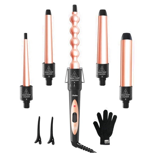 Ohuhu 5 in 1 Curling Wand Set: Ohuhu Curling Iron Wand 5Pcs 0.35 to 1.25 Inch Interchangeable Ceramic Barrel Heat Protective Glove 2 Clips Dual Voltage Hair Curler for Women Mother Girl Rose Gold