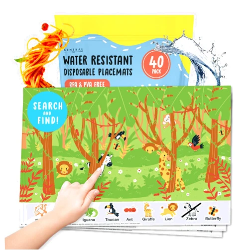 CENTRAL 23 Kids Disposable Placemats - Set of 40 Adhesive Table Placemats - Jungle Animals - Sticky Placemats for Restaurant Dining Table Airplane Tray - Travel Essentials for Baby - by Central 23