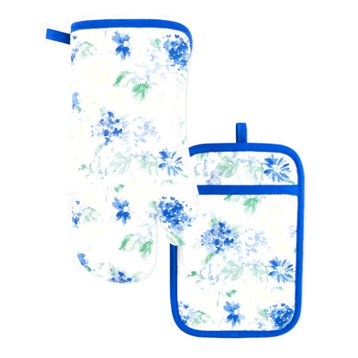 Martha Stewart Amber Floral Oven Mitt & Pot Holder Set 2-Pack, Blue/Green, OM: 7