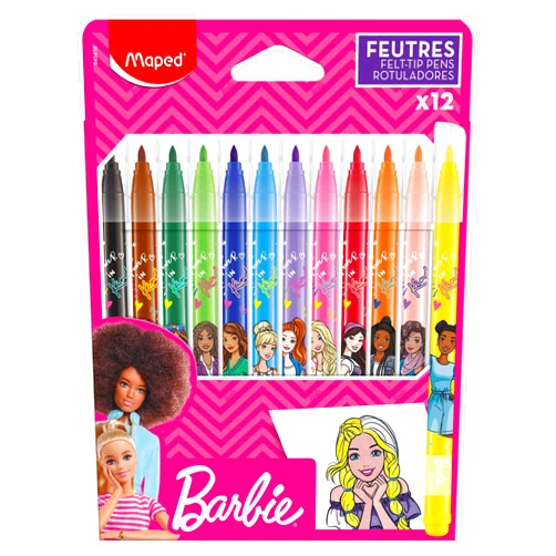 Maped – Barbie felt-tip pens – felt-tip pens for children – decorated felt-tip pens – medium point – washable ink – cardboard box of 12 colouring pens, 845418