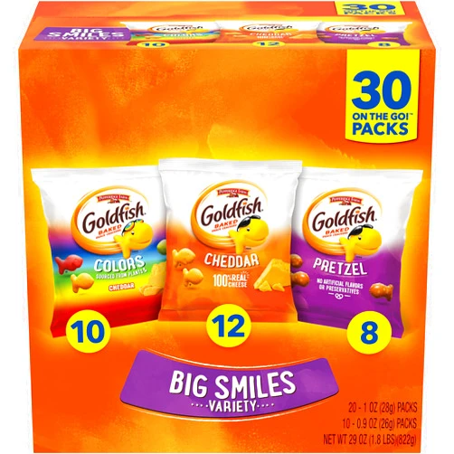 Goldfish Crackers Big Smiles Variety Pack with Cheddar, Colors, and Pretzels, Snack Packs, 30 Ct
