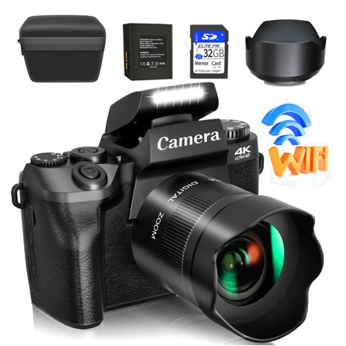 Saneen Digital Camera, 4k Cameras for Photography & Video, 64MP WiFi Touch Screen Vlogging Camera for YouTube with Flash, 32GB SD Card, Lens Hood, 3000mAH Battery, Front and Rear Cameras - Black