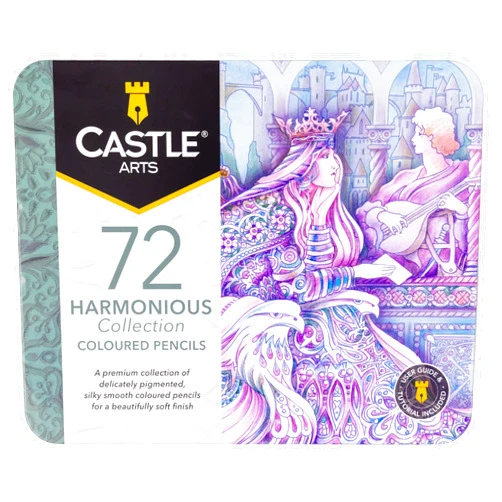 Castle Art Supplies 72 Harmonious Colored Pencil Set | Wax-Based, Soft Core Coloring Pencils for Expert Blending | Unique Muted and Moody Palette for Adult Artists | Organized in Presentation Tin
