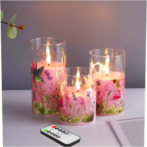 Girimax Pink Hummingbird Glass LED Candles with Remote, Flickering Flameless Candles Battery Operated Φ 3