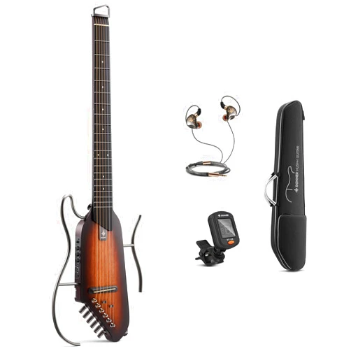 Donner HUSH-I Guitar For Travel - Portable Ultra-Light and Quiet Performance Headless Acoustic-Electric Guitar, Mahogany Body with Removable Frames, Gig Bag, and Accessories Natural