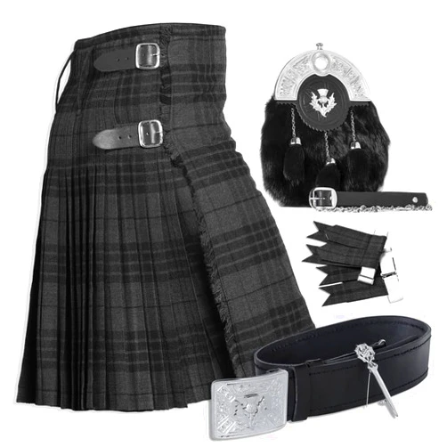 YAS Designer YAS Tartan Kilt Set - 06 Pieces Kilt Accessories for Men, Scottish Outfit, Grey Watch Nigt 50''