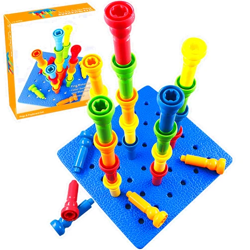 VIPAMZ Peg Board Set Toys-Montessori Occupational Therapy Fine Motor Skills Toy, Suitable for Toddlers and Preschoolers Over 3+ Year Old. 25 Tall-Stacker Pegs Rubber 8