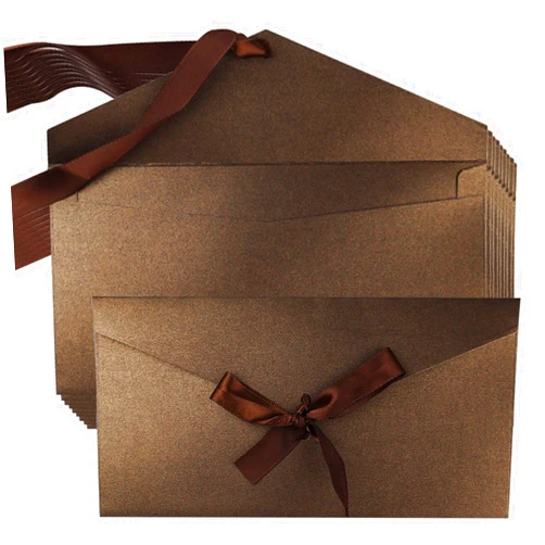 ZTXPRO 10 Pack Kraft Paper Envelopes with Ribbons, Invitation Greeting Envelopes for Festival and Party - Dark Brown