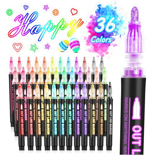 Hoxida Double Line Outline Markers, 36 Colors Super Squiggles Shimmer Outline Marker Pen Set, Self Outline Metallic Markers Glitter Writing Drawing Pens for Birthday Greeting Card, Doodling, DIY Art Crafts