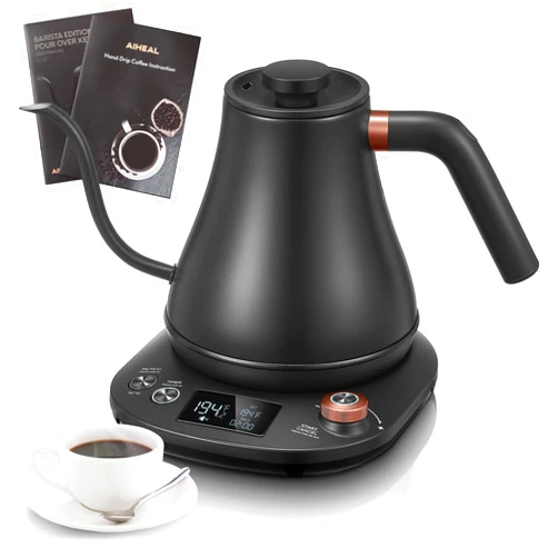 Aiheal Electric Gooseneck Kettle Temperature Control, Pour Over Electric Kettle for Coffee and Tea, 100% Stainless Steel Inner, 1200W Rapid Heating, 0.8L, Built-in Stopwatch, Matte Black