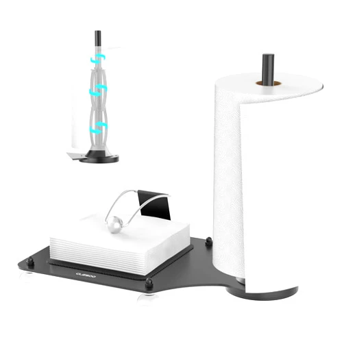 CLESOO Paper Towel and Napkin Holder - 2 in 1 Napkin & Paper Towel Stand - Multifunctional Black Metal Flat Napkin Holder with Weighting Arm, Suitable for Kitchen, Restaurant, Dining Rooms