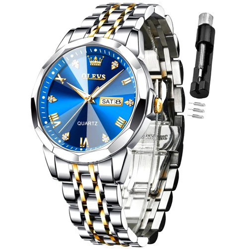 OLEVS Watch for Men Diamond Business Dress Analog Quartz Stainless Steel Waterproof Luminous Date Two Tone Luxury Casual Wrist Watch