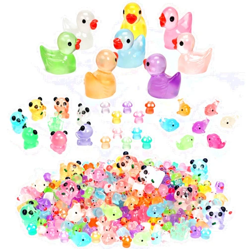 GOKUPOK Luminous Mini Resin Ducks Tiny Animals Glow in The Dark Duck Panda Dolphin Mushroom 4 Combination Sets for Garden Micro Landscape Aquarium Potted Dollhouse Decor 105PCS
