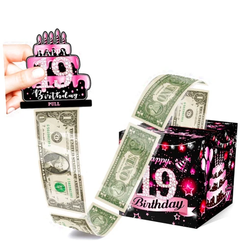 Toerifer Birthday Money Box for Cash Gift, 19 Years Old Surprise Box Explosion Gift for Women Men Pull, 19th Birthday Money Gift Ideas, Pink Birthday Party Decor -Included 35 Bags