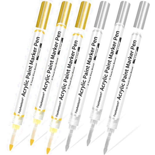 FooAeetom Paint Markers, 6 Pack Fine Point Paint Pens, Acrylic Paint Pens Marker Set for Rocks Painting, Wood, Plastic, Fabric, Canvas, Ceramic, Glass, Card Making(3 Gold and 3 Silver)