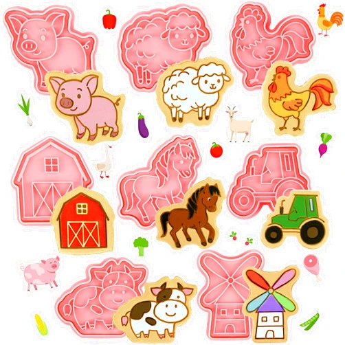 Cunhill 8 Pcs Farm Animal Cookie Cutters with Plunger Stamps Set 3D Pig Chicken Sheep Cow Horse Truck Cookie Stamp and Cutter Funny Cartoon Farm Theme Biscuit Baking Mold for Treats DIY Cookie Cake Supplies