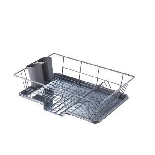 Sweet Home Collection Space-Saving 3-Piece Dish Drainer Rack Set: Efficient Kitchen Organizer for Quick Drying and Storage - Includes Cutlery Holder and Drainboard - Maximize Countertop Space, Gray