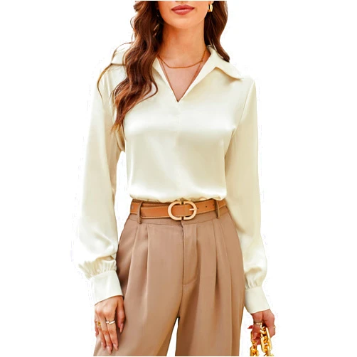 GRACE KARIN Women's Satin Silk Blouse Lapel V Neck Long Sleeve Casual Work Blouse Shirts Pullover Tops