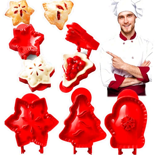 PABTID 3Pcs Mini Pie Molds, Dough Presser Pocket Pie Molds for Baking, Party Potluck Hand Pie Molds, One Press Pie Set, Snowflake, Mitt and Christmas Tree Shapes (Christmas Mince Pie Mold)