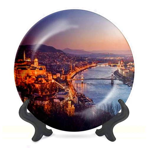 DISAOODANK Decorative Plates Cityscape of Budapest Hungary at Night Day Wall Decor Ceramic Ornament with Display Stand and Hook Up for Festival, Parties, Wedding 8
