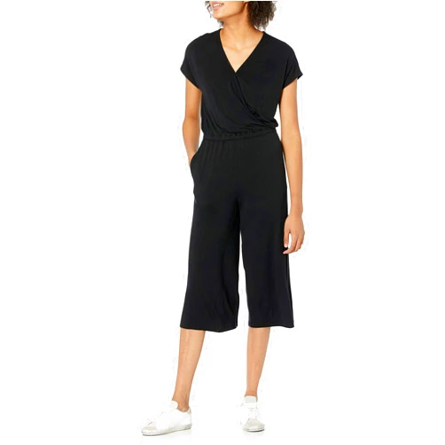 Amazon Essentials Women's Short-Sleeve Surplice Cropped Wide-Leg Jumpsuit