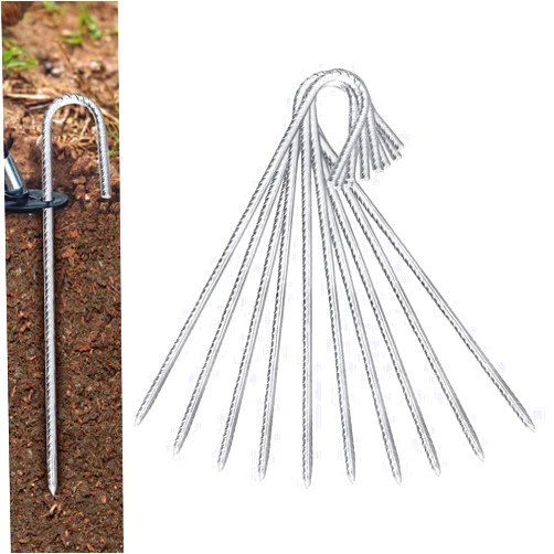 ERYTLLY Rebar Stakes J Hook Heavy Duty Galvanized Metal Stakes for Ground Barrel Soil Tent Swing Set Anchors Fence Stakes Curved Steel Plant Support Garden Stakes with Hooks (10 Packs, 13.4 inches)