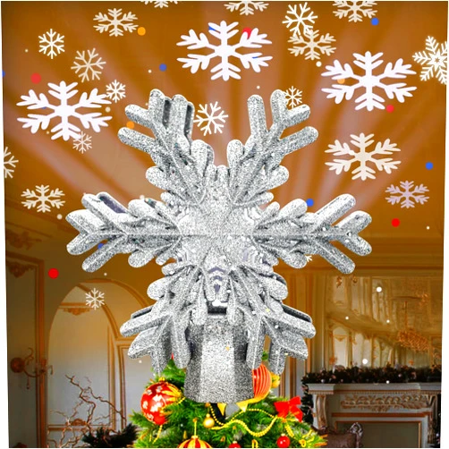 Purtuemy Christmas Tree Topper, Purtuemy 3D Snowflake Projection Lighted Tree Topper Christmas Decorations, 9’’ Silver Snowflake Xmas Ornaments for Indoor New Year Holiday Tree Decoration, Gift Idea