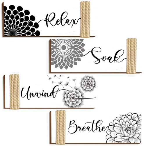Qunclay 4 Pieces Farmhouse Bathroom Wall Decor Relax Soak Unwind Breathe Signs Rustic Bathroom Wall Art Floral Bathroom Signs Decor Vintage White Wooden Wall Art Decor for Home Spa Room Decor, 11 x 4 Inch