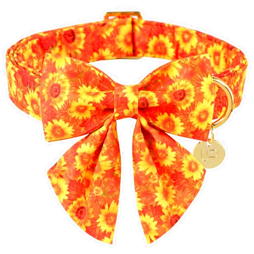 UP URARA PUP Fall Dog Collar with Bow Tie & Flower, Cotton Bowtie & Flower Dog Collar for Boys or Girls Dogs, Beautiful Sunflower Pet Collar with Metal Buckle