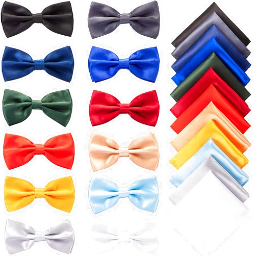 SATINIOR 24 Pcs Pre Tied Bow and Tie Pocket Square Set 12 Solid Color Adjustable Bowtie 12 Satin Handkerchief for Men Boys
