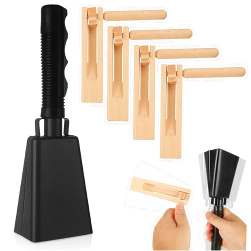 Acrux7 Cow Bell Ratchet, 1Pcs 9 Inch Black Metal Cowbell with Handle and 4Pcs Wooden Spinning Rattle Ratchet Noise Maker, Traditional Matraca Cowbell for Sporting Events, Football Game, Party