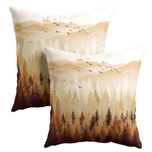 Granbey Fall Misty Forest Throw Pillow Covers 18x18 Inch Set of 2 Brown Mountain Woodland Decorative Pillow Cases Nature Pine Trees Farmhouse Cotton Linen Square Cushion Cover for Home Sofa Couch Bed Patio