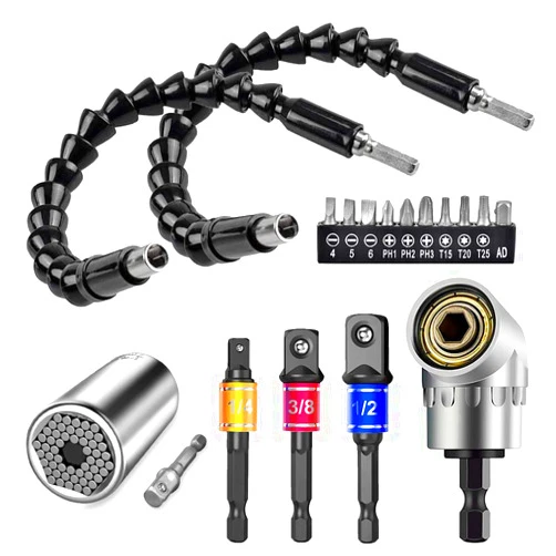 Intsun Universal Socket Wrench Tool and Flexible Drill Bit Extension Set, Bendable Drill Bit Extension, 1/4 3/8 1/2