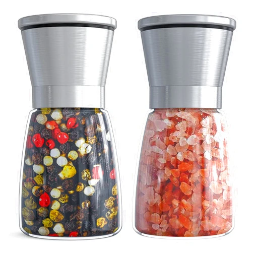 Ebaco Salt and Pepper Grinder Set - Refillable Grinder Adjustable Coarseness of Pepper Salt Spice Stainless Steel Mills Glass 6oz（2 Pack）
